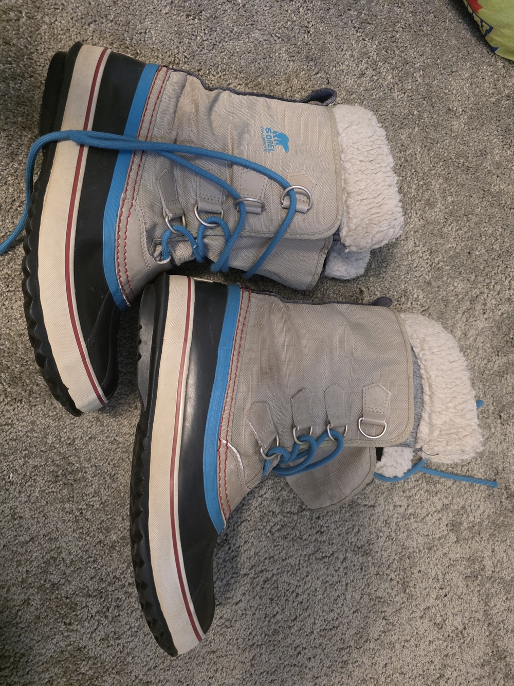 Sorel Light Gray and Blue Insulated Winter Boots